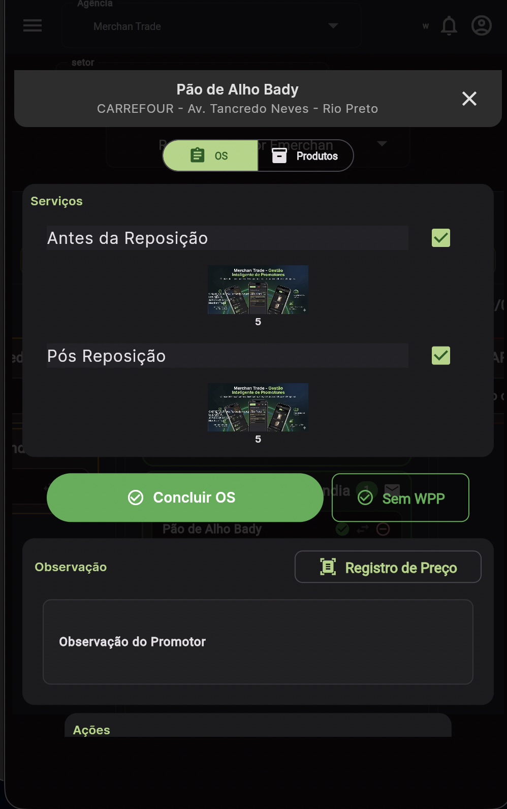 App do promotor eMerchan - execução de ordens de serviço com fotos e checklist no PDV